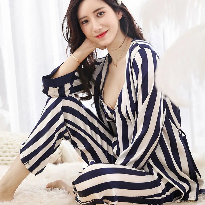 Sexy Pajamas Three Piece Suit Ladies Silk Comfortable Nightgown Pants Suit Striped High Quality Women Casual Wear