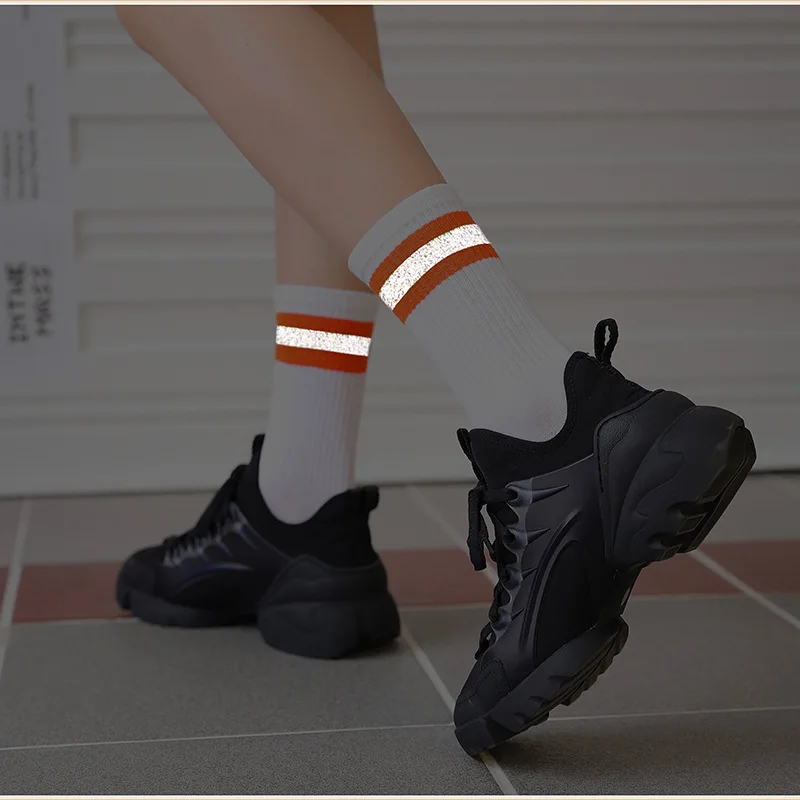 Women Men Unisex Striped Socks Night Bright Socks hip hop Streetwear Harajuku Light Socks funny socks Black White Dropshipping