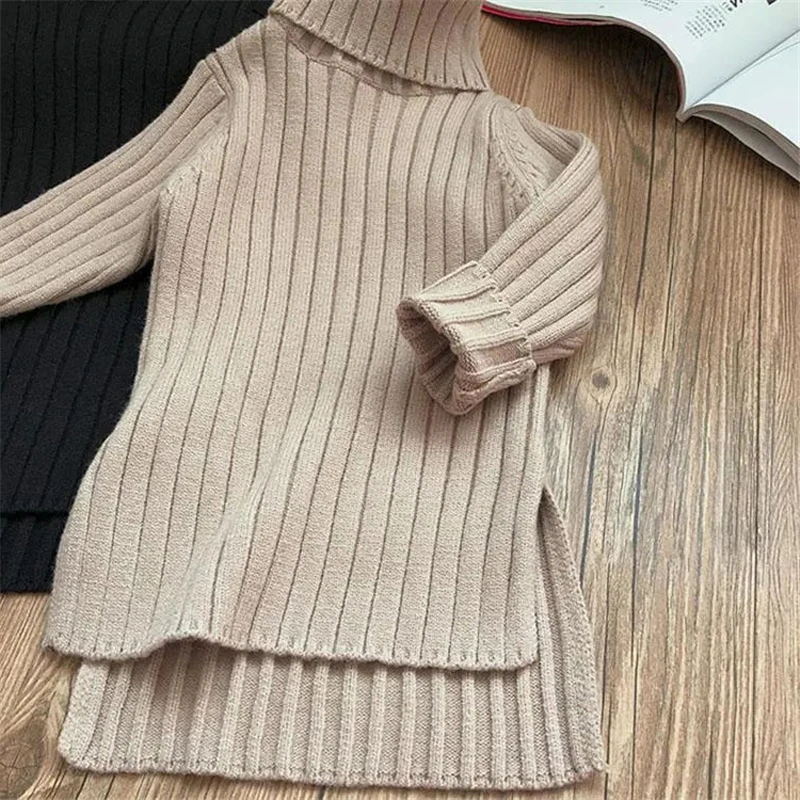 Toddler Girl Spring Dress 2024 Winter Sweater Clothes Solid Color Baby Girls Turtleneck Clothes 2-7Y Little Knitting