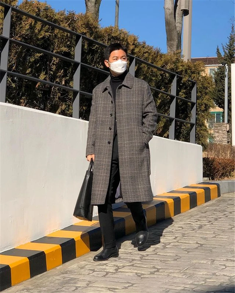 

Winter Plaid Overcoat Fashion Men's Singal Breasted Thick Loose Long-Length Woolen Warm Casual Trench Coat Male Jacket