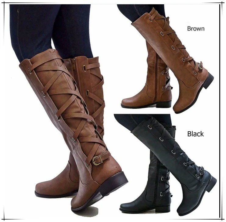 Women Knee-High Boots Fashion Boots Buckle Strap Cross Tie Boots Woman Shoes Ladies Spring Boots Waterproof Rainboots 35-43