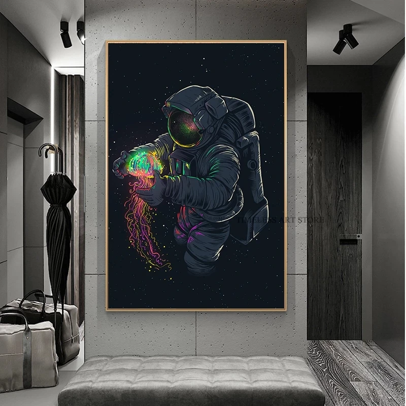

Astronaut sitting on the canvas in space. Children's room decoration poster and printed mural home decoration art picture