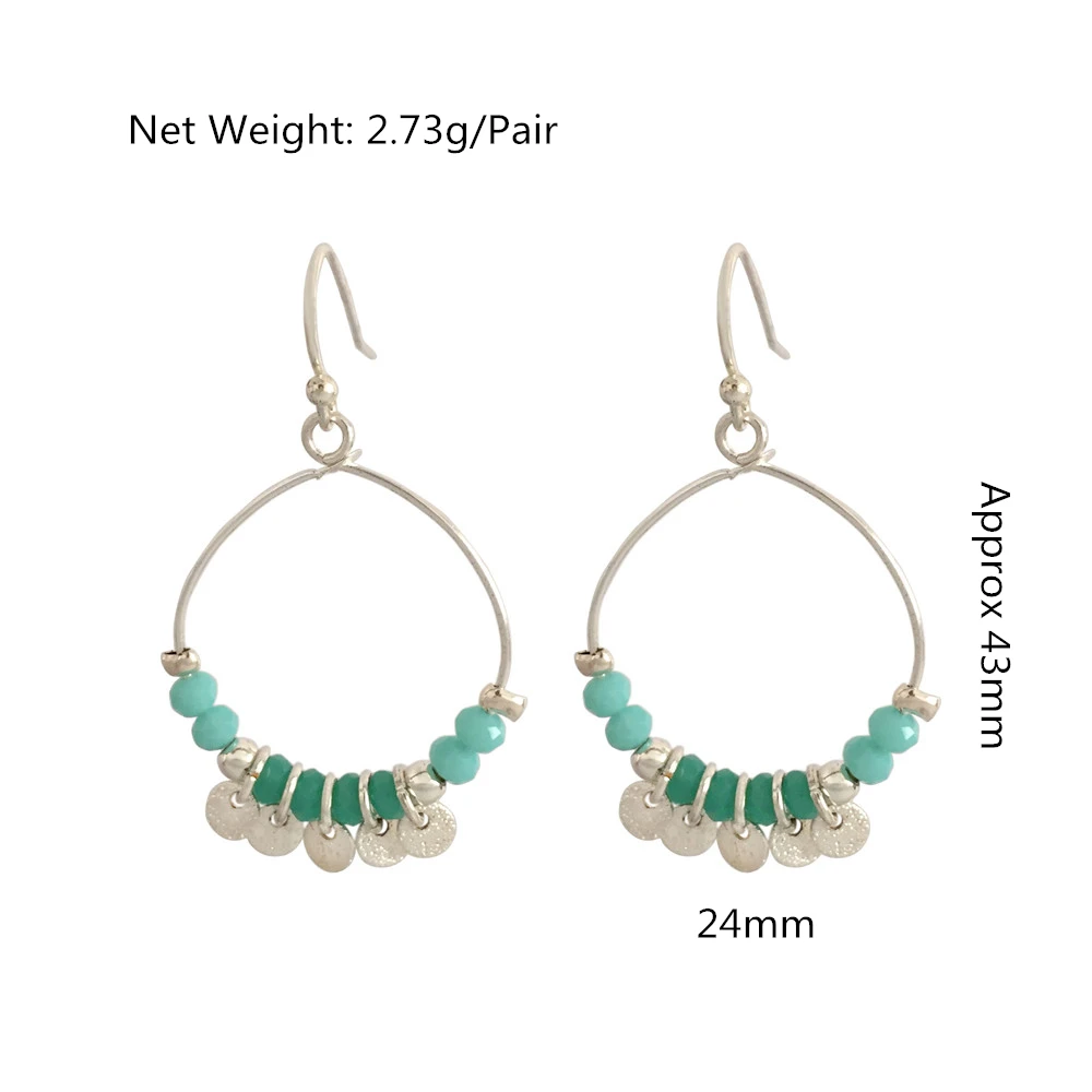 Trendy Women Cute Hoop Earrings Light Blue and Light Green Beads with Small Disk Charm Hoop Earrings