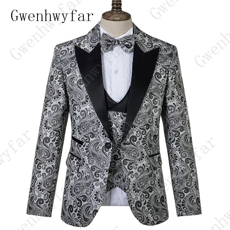 Gwenhwyfar Mens suits 2025 New Arrival Wedding Tuxedos For Man Slim Fit Men Floral Printed Suits Stage Costume Singers 3 Pcs