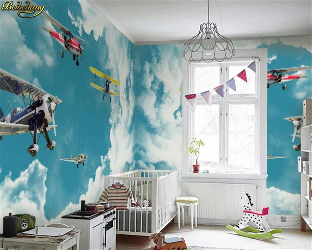 beibehang Custom 3d wallpaper mural simple Mediterranean blue sky white cloud airplane children's room background wall paper