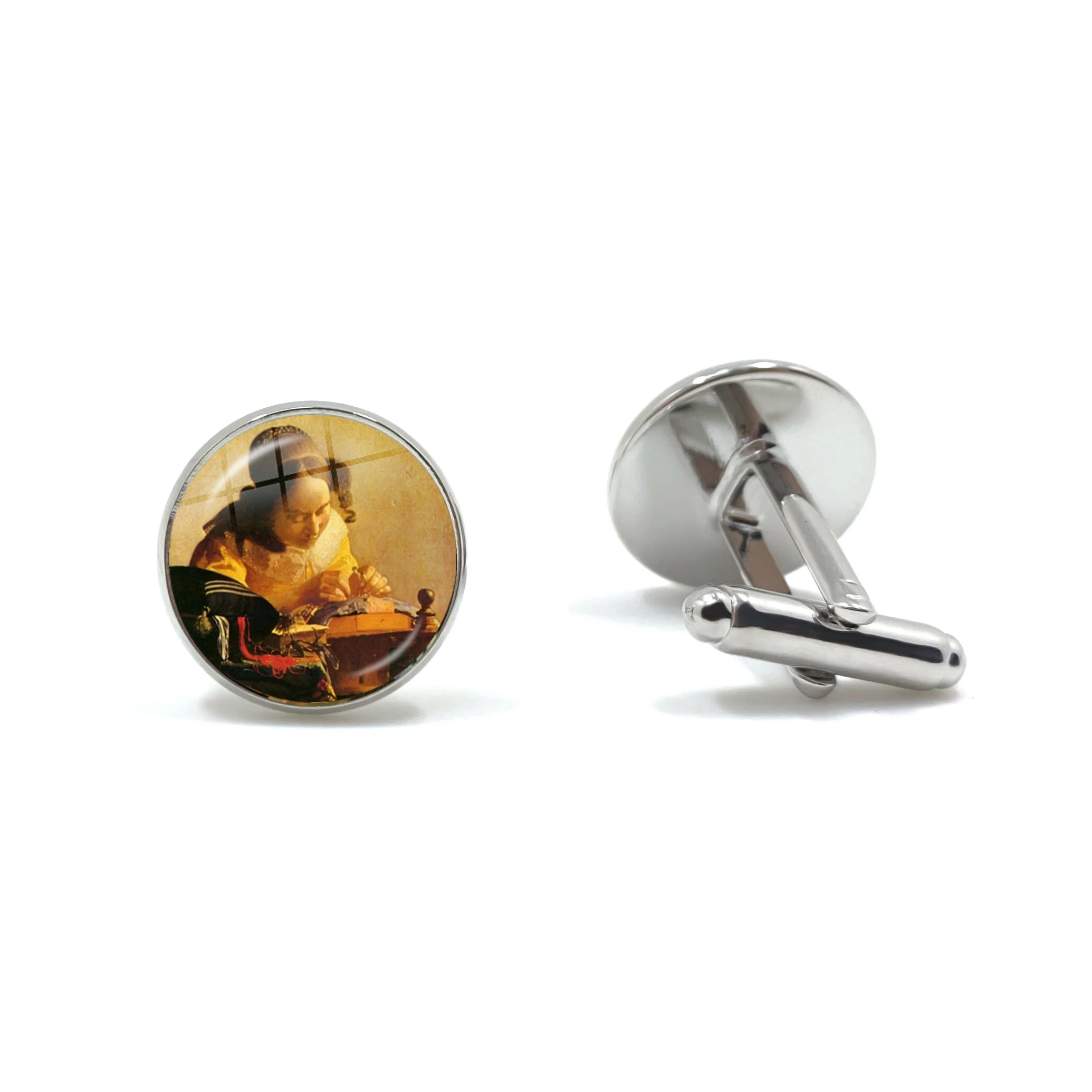 Charm Girl Wearing Pearl Johannes Vermeer Art Oil Painting Cufflinks 16mm Glass Cabochon Cuff Button Jewelry for Gentleman Gift