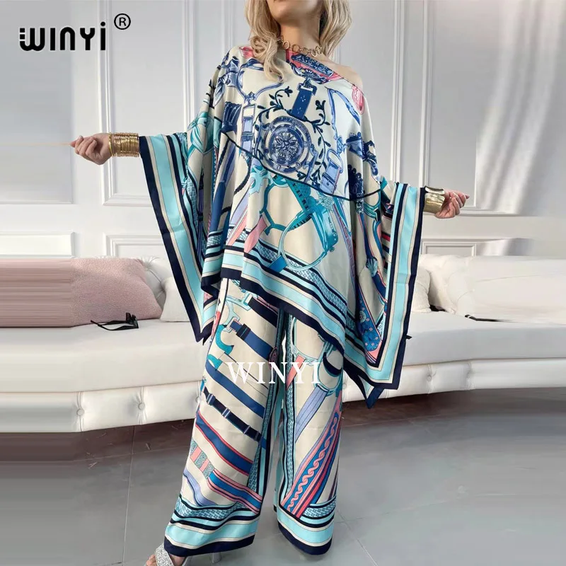 WINYI-traje de dos piezas con estampado bohemio para mujer, Vestido de manga de murciélago, seda elástica, largo hasta el suelo, talla grande,