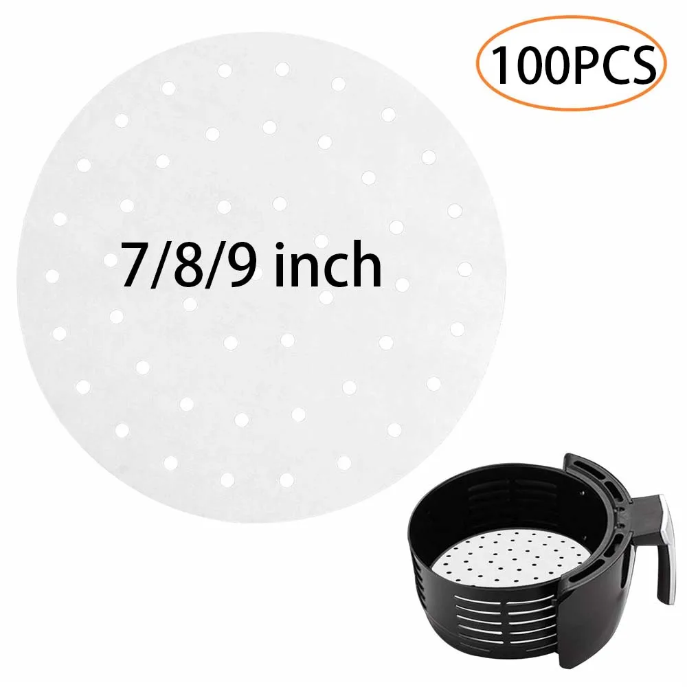 100pcs/pack Baking Paper Air Fryer Liners Bamboo Steamer Liners Perforated Parchment Steaming Papers Non-stick Steamer Mat