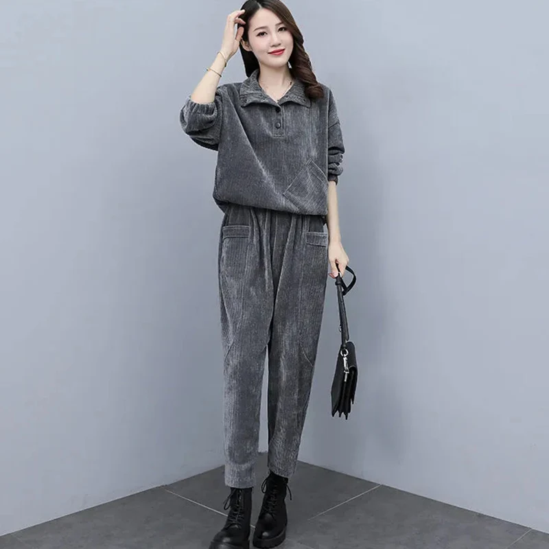 

New Plus Size Women Fashion Sportswear Suits Autumn Winter Casual Outfit Bat Long Sleeve Pullover Top Harem Pants Two Piece Suit