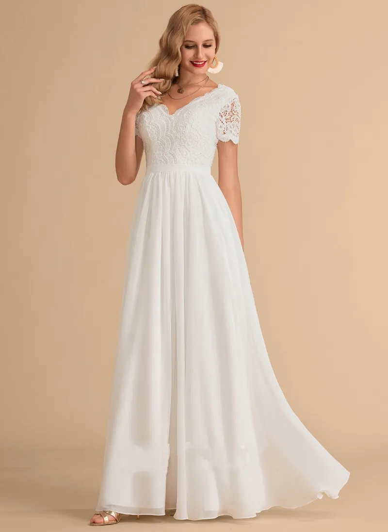 A-Line V-neck Floor-Length Chiffon Lace Wedding Dress Sweet Short Sleeves Bridal Party Gowns Robe De Mariage Vestidos Noiva