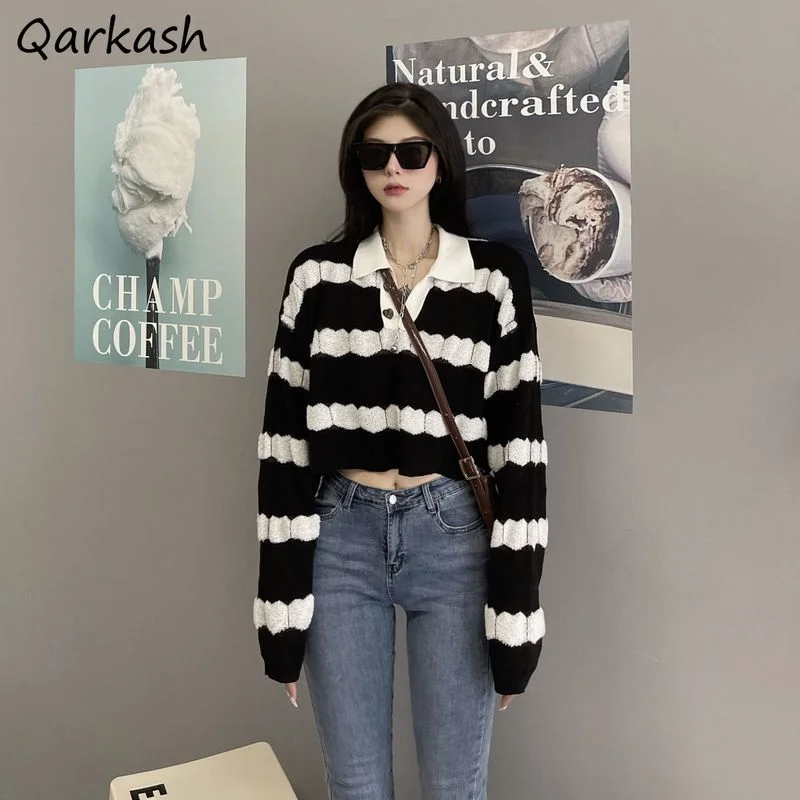 Cropped Pullovers Women 스트라이프 디자인 턴 다운 칼라 All-match Loose Preppy 심플 일본식 봄 소프트 트렌디 세련된 New