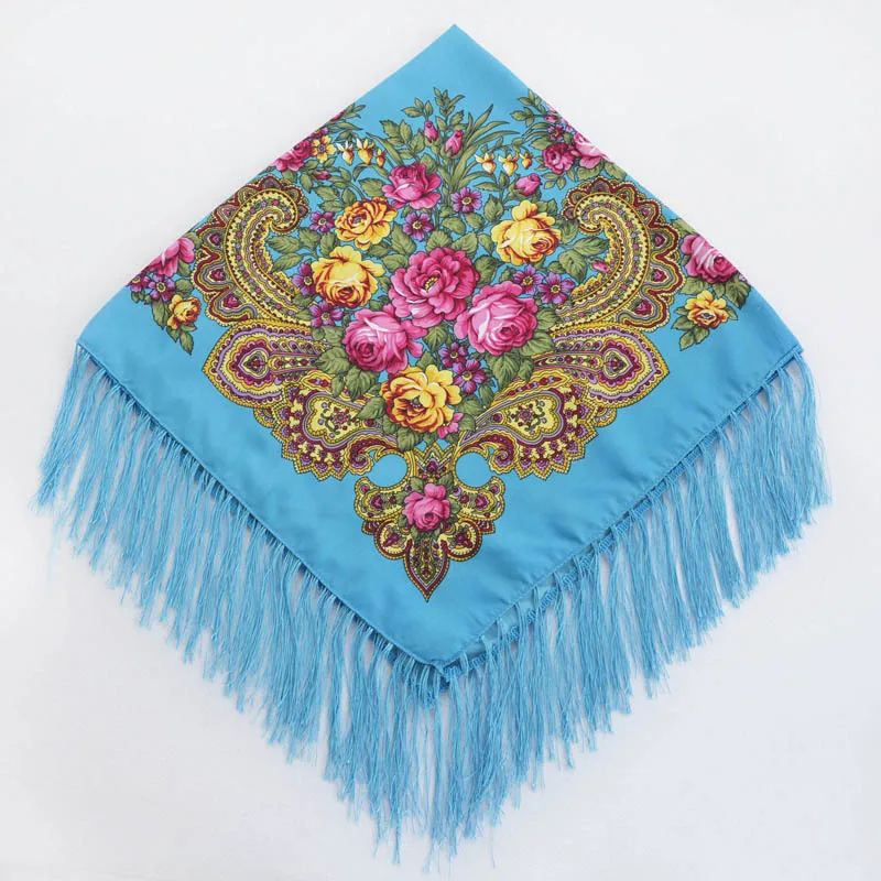 90*90cm russischer nationaler Stil quadratischer Schal Schal weibliche Fransen Blumen druck Schals Dame Kopf wickelt Foulard Femme Hijab Schals