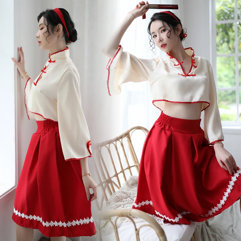 Sexy Lolita Hanfu Dress Girl Roleplay Nightclub Clothes Erotic Retro Cheongsam Pajamas Set Hot Naughty Lingerie Sex Blouse Skirt