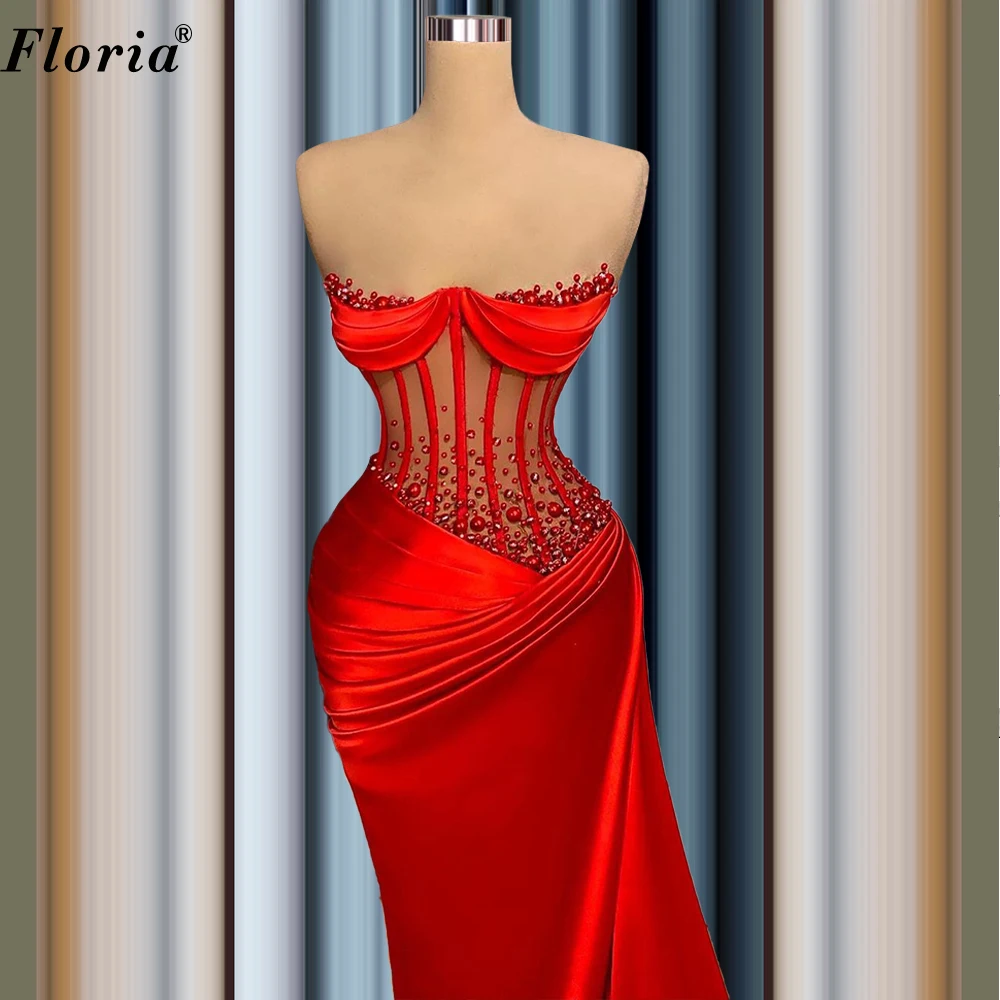 Vestido de celebridade vermelho com pérolas, plus size, sem alças, sexy, vestido de baile, feminino, elegante, noite