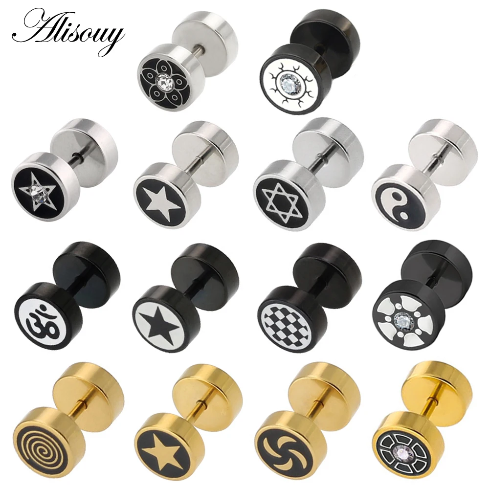 Alisouy 2pcs Gold Color Barbell Stainless Steel Men Earrings Punk Piercing Ear Stud Women Jewelry Best Earing For Friend