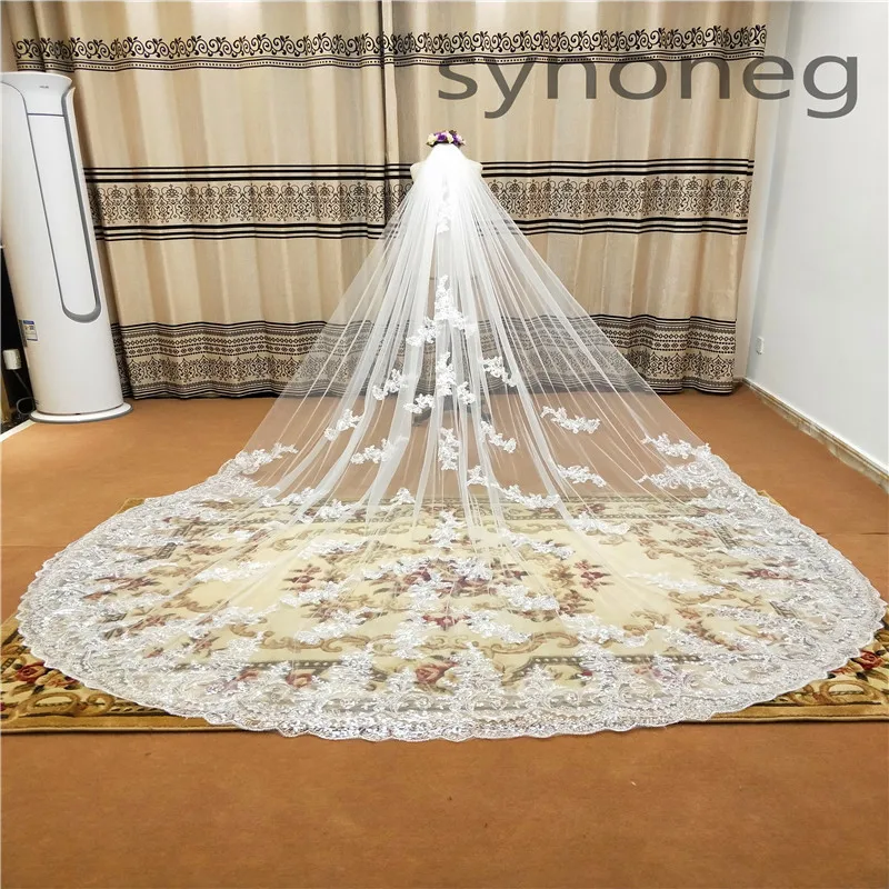 Real Photo Romantic 3 M Wedding Veil Cathedral One Layer Lace Appliqued Long Bridal Veils With Comb Woman Marry Gifts