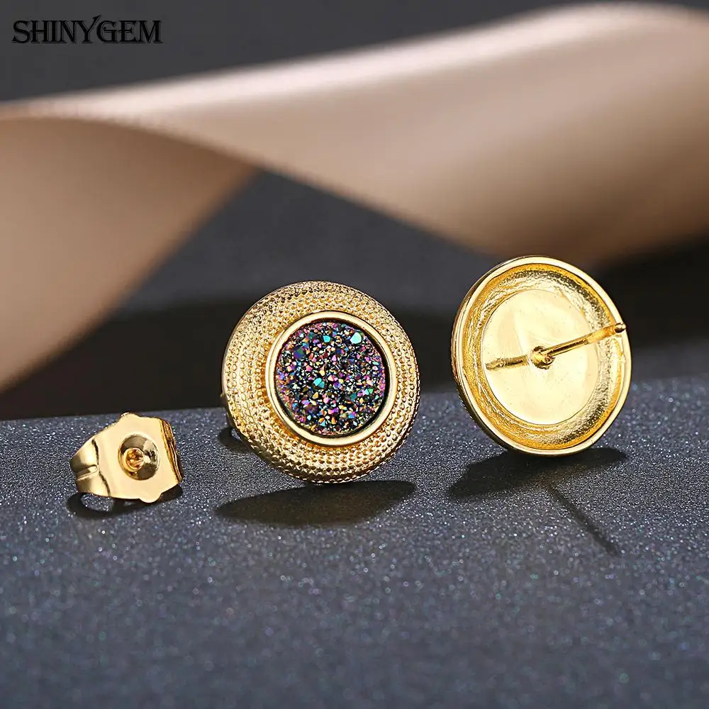 

ShinyGem 2020 Trendy Earring Round Gold Plating Stud Shape Earrings 14mm Natural Crystal Earrings For Women Christmas Gifts