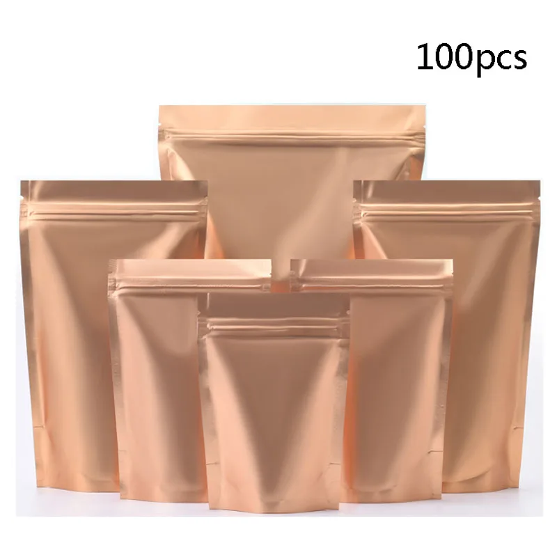 

100Pcs/Lot Matte Gold Mylar Foil Zip Lock Stand Up Bag Self Seal Tear Notch Doypack Food Candy Tea Snack Bean Packing Pouches