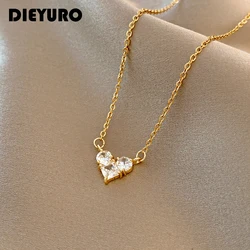 DIEYURO Stainless Steel Love Heart Zircon Necklace Female Simple Fashion Temperament Clavicle Chain Luxury French Romantic
