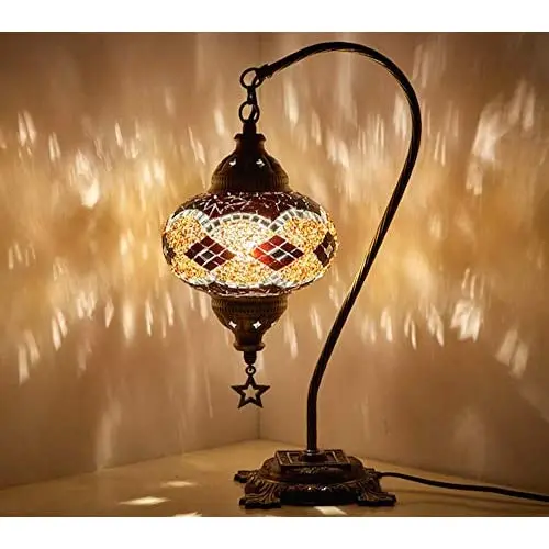 

(33 Colors) LaModaHome English Moroccan Mosaic Table Lamp with US Plug & Socket, swan Neck Handmade Desk Bedside Table Night Lam