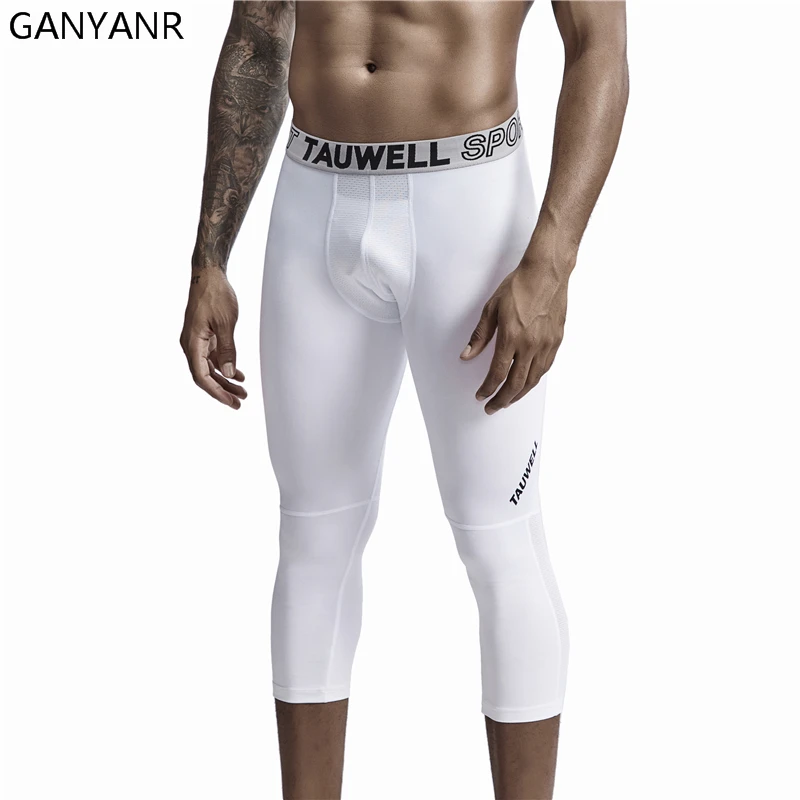 GANYANR Men Compression Pants Running Tights Gym Leggings Basketball Sports Fitness Sexy 3/4 Length Training Soccer Workout