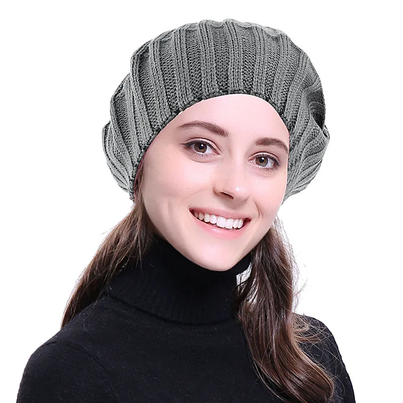 Fashion Women Knitted Ribbed Beret Hat Solid Color Slouchy Winter Warm Bonnet Caps for Girls Lady Female Autumn Casual Hats