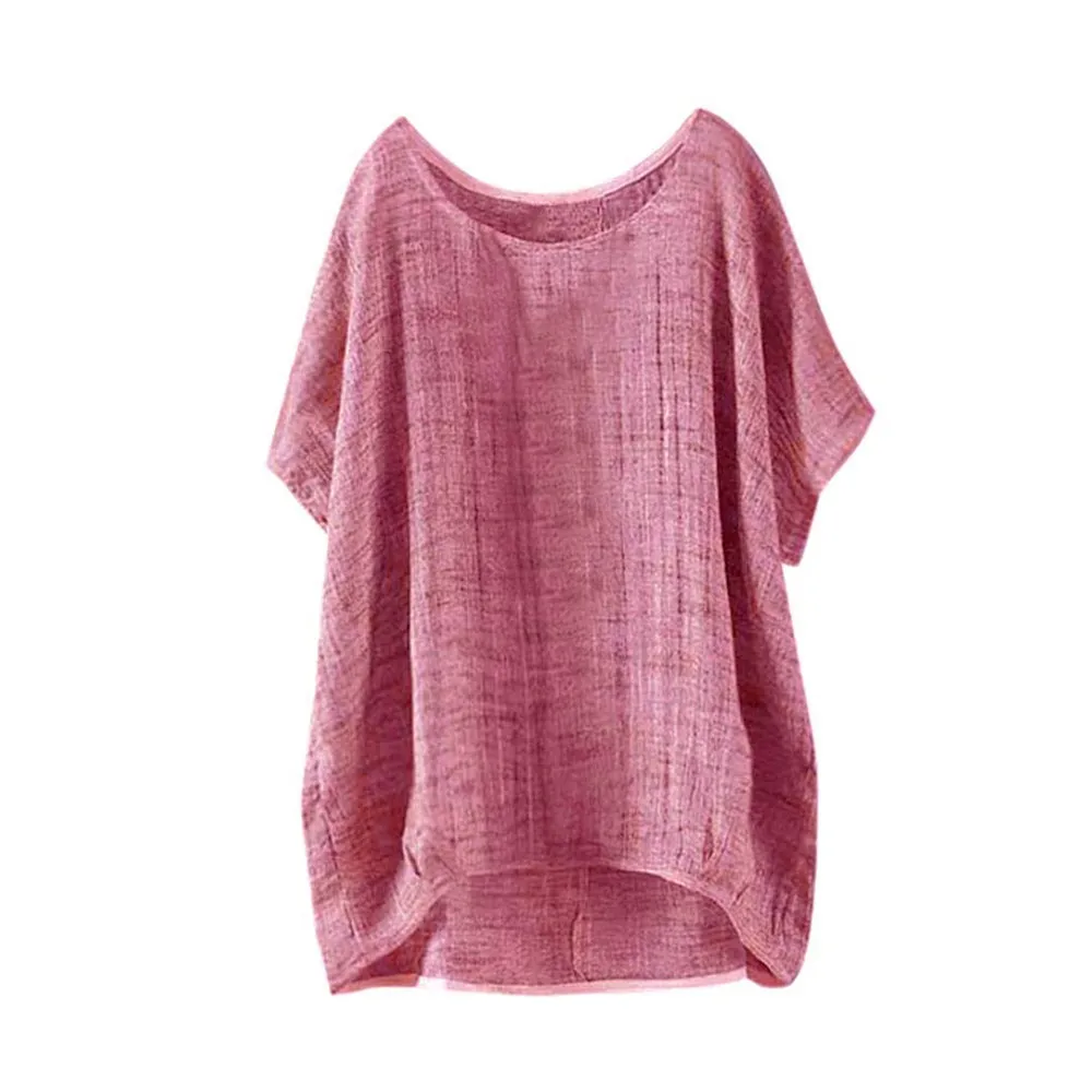 Blusa holgada informal De algodón y lino para Mujer, camisa De manga corta con cuello redondo, talla grande, 2021