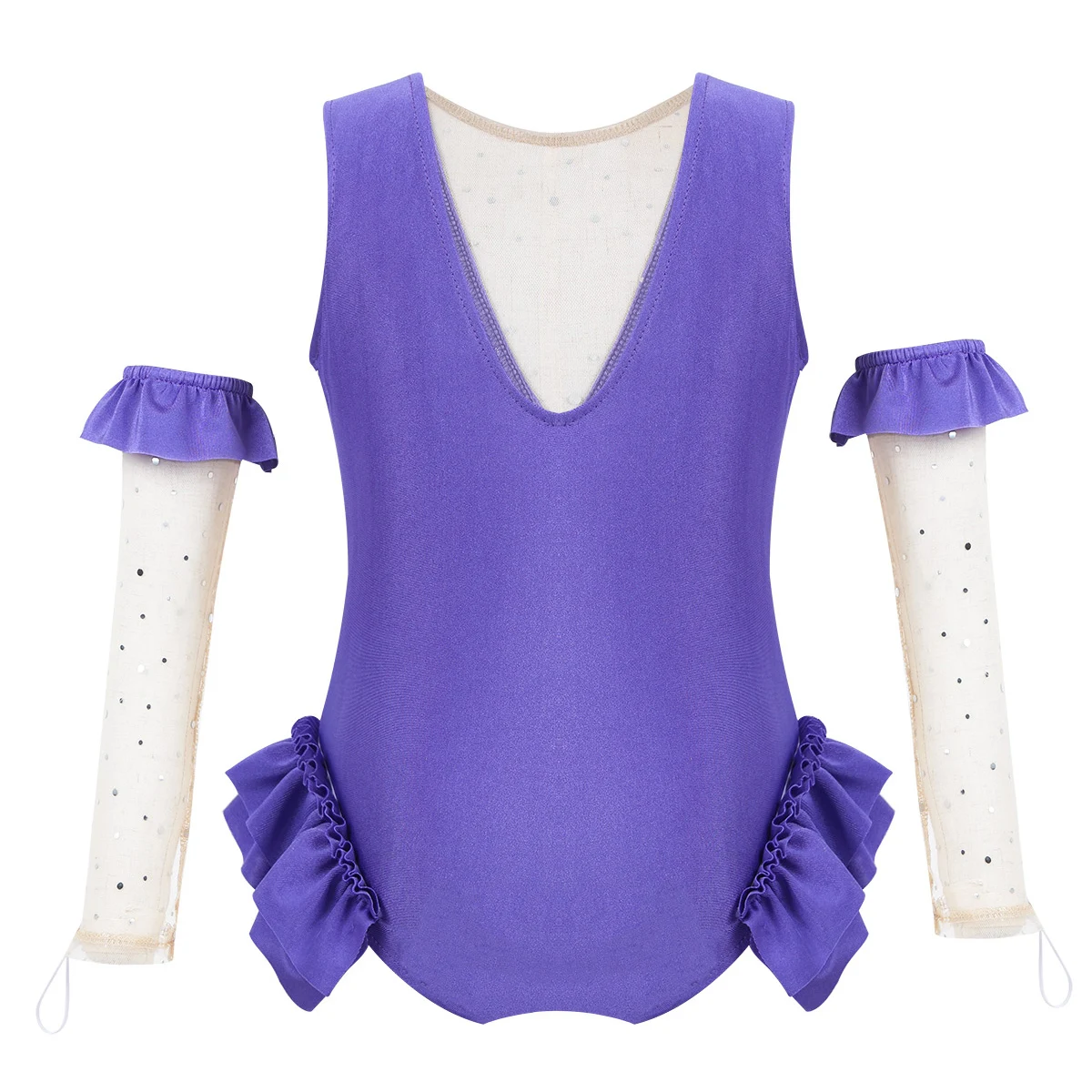 Kids Girls Deluxe Dance Show Halloween Showman Costume Sleeveless Ruffle Mesh Splice V-Shape Back Leotard with Arm Sleeves Set