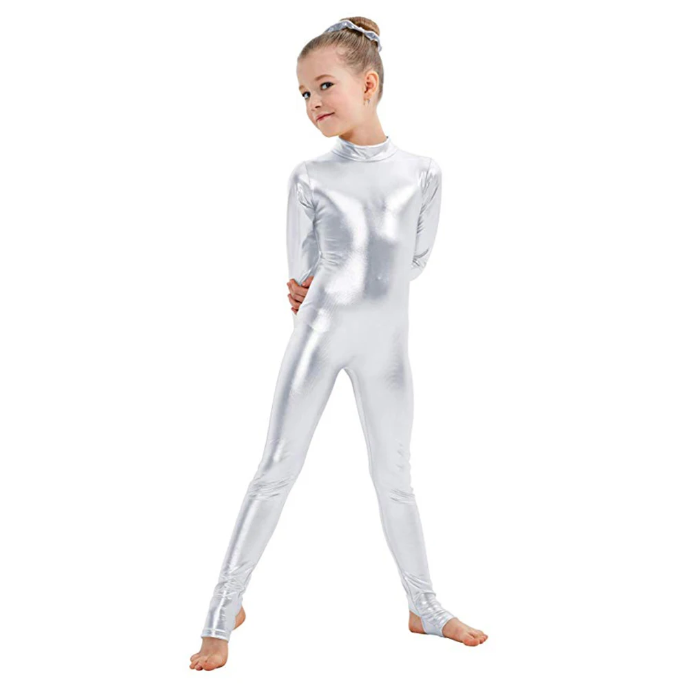 AOYLISEY Kids Long Sleeve Metallic Unitards Stirrups Dance Gymnastics Leotards Girls Shiny Dancewear Stage Performance Show Suit