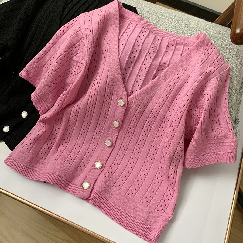 Thin Knitted Short Sleeve Cardigan Top Summer Women Hollow Out Casual Short Sleeve Cardigans Single-breasted T-shirts Crop Tops