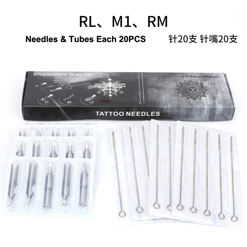 20pcs disposable sterile nozzle tip tube 3/5/7/9/11 RL and 316 stainless steel tattoo needles for tattoo machine gun ink cup gri