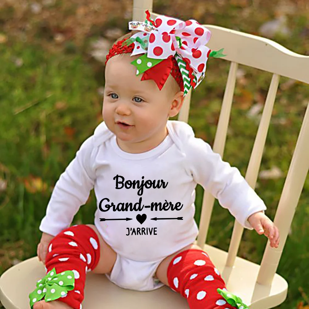 

Newborn Baby Bodysuits Bonjour Grand-mere J'arrive Grandma French Funny Children Crawling Rompers Toddler Infant Unisex Clothing