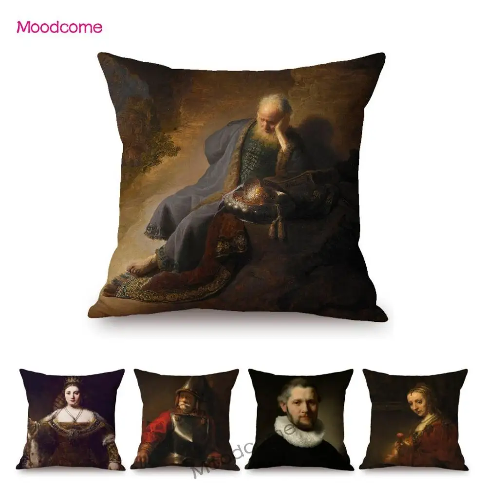 Rembrandt Realism Art Oil Painting General Queen Christmas Jesus Art Baroque Style Cotton Linen Cushion Cover Sofa Pillow Case