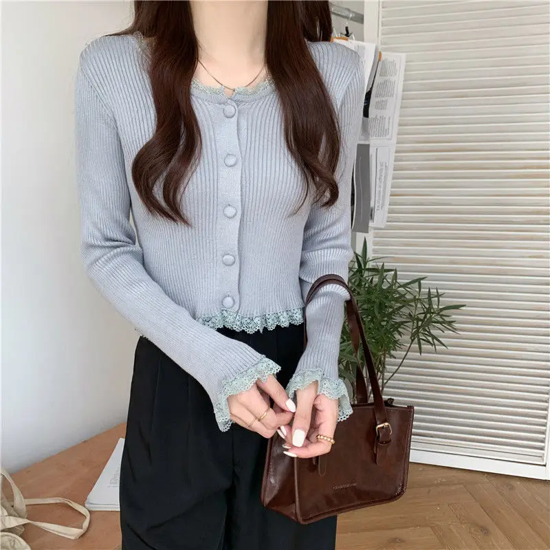 Solid Lovely Women Casual Fashion Sweater Buttons Up Rib Knitted O Neck Ropa Mujer Long Sleeve Basic Cardigan Harajuku Lace Top