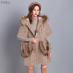 ARTKA 2019 Winter New Women Woolen Coat Retro Plaid Raccoon Fur Hooded Woolen Outwear Detachable Fur Cloak Woolen Coats WA10299D