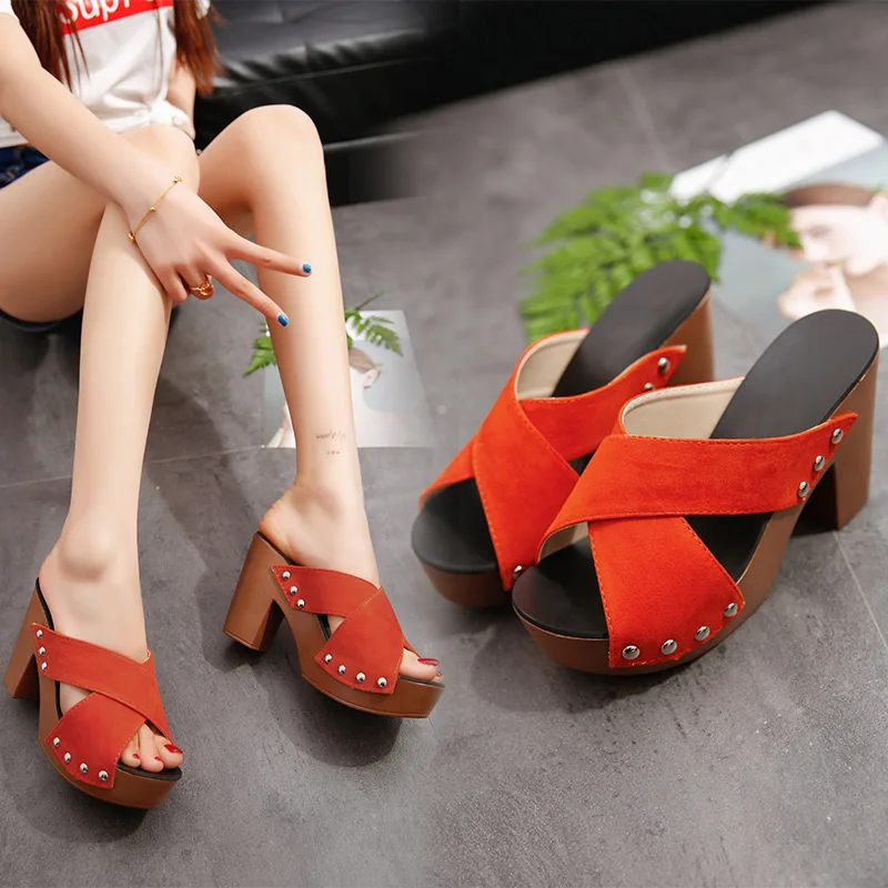 Summer Ladies Sandals Square High Heel Thick Bottom Flocking Casual Rivet Pumps Open Toe Women Elegant Ladies Shoes