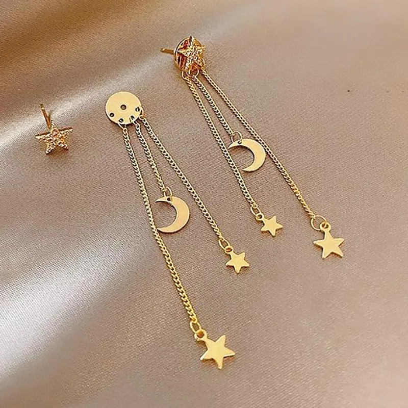 Pendientes colgantes de cristal coreanos para mujer, aretes largos con borla de luna y estrella, Colgate de cristal joyería de temperamento, novedad de 2022