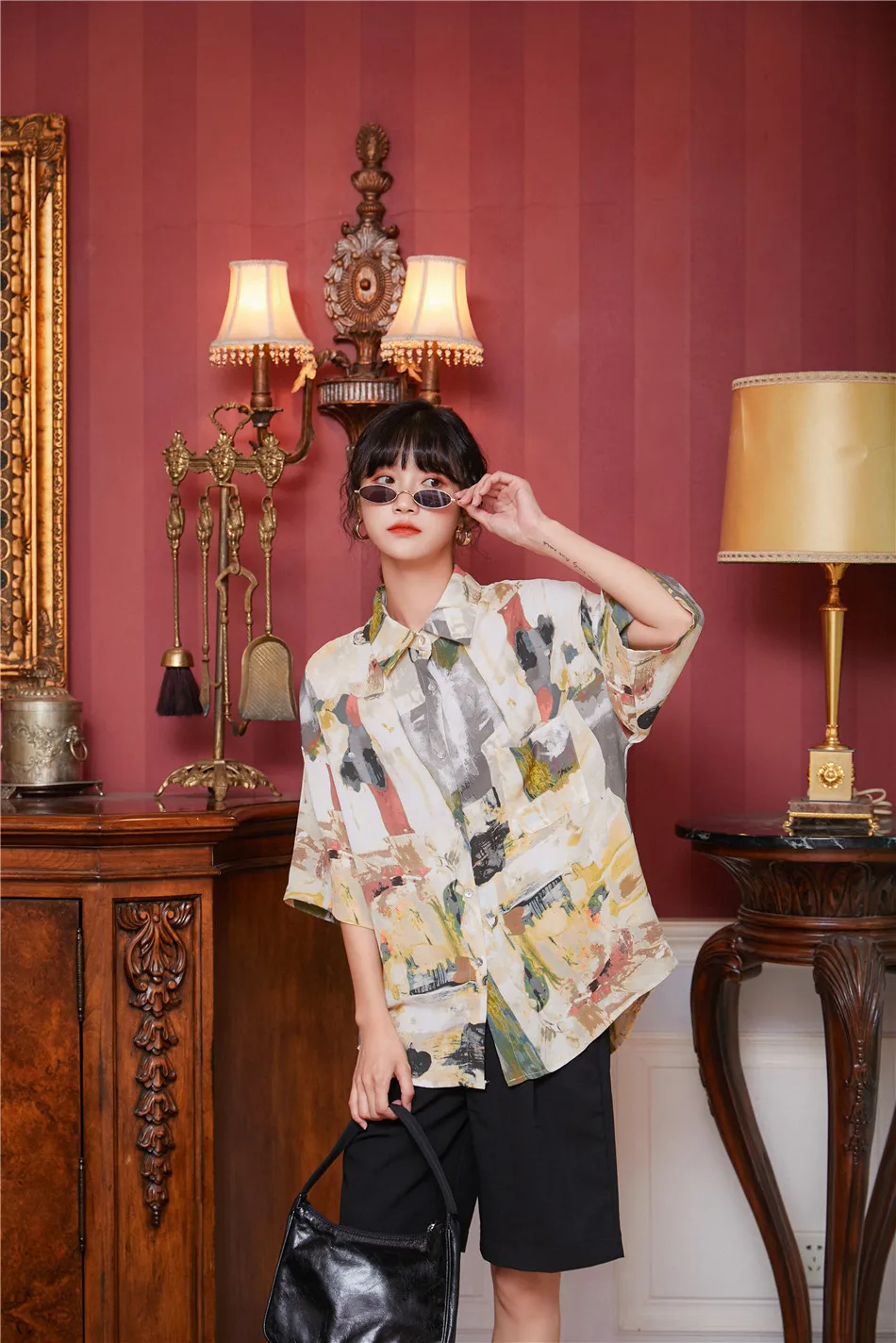 CHEERART Summer Short Sleeve Shirt Women Tops And Blouses Button Up Loose Korean Shirt Fashion Print Blouse 2020