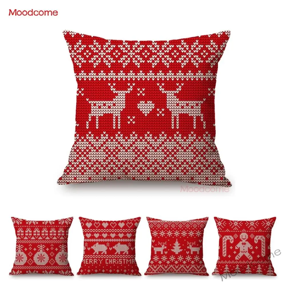 Red Christmas Knitted Sweater Pattern Xmas Cross Stitches Design Home Decorative Pillow Case Cotton Linen Sofa Cushion Cover