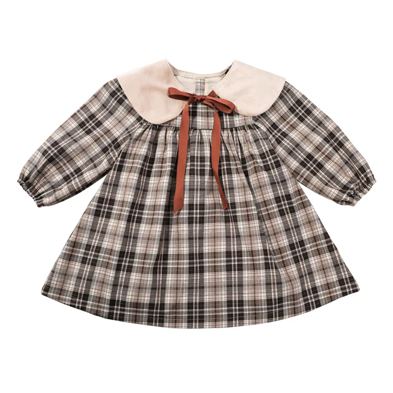 Spring And Autumn New Toddler Kids Long-Sleeved Dress For Girl Children Clothing Peter Pan Collar Plaid Dress