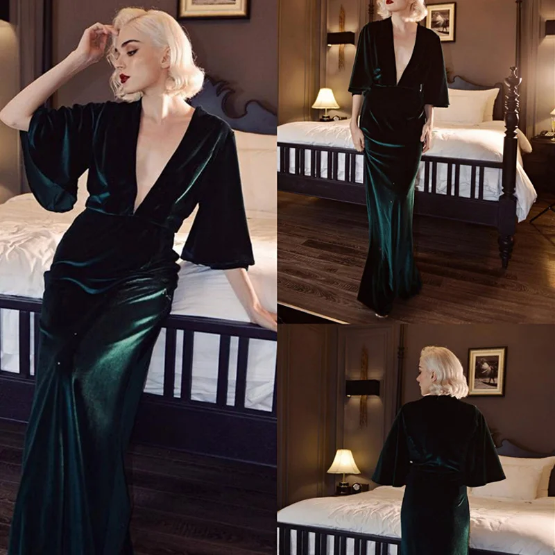 

Winter Warm Green Velvet Sleepwear Long Sleeve V Neck Bath Robes Sexy Thick Nightgonws with Belt Formal Event Overlay Dress