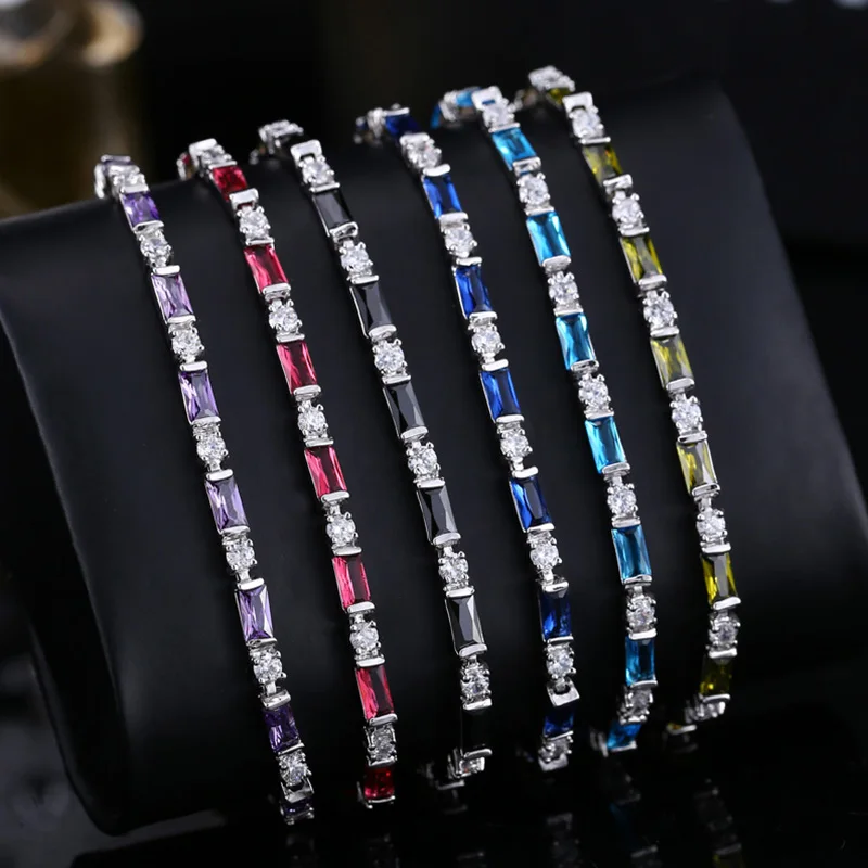 Pera Romantic Bridal Wedding Slim Charm Bracelets Purple and White CZ Crystal Big Square Shape for Women Party Jewelry Gift B060