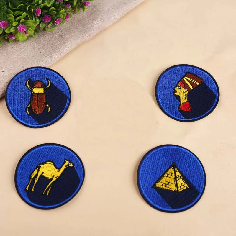 Arab Pyramid Desert Patches Pharaoh Camel Embroidered Appliques Iron On Blue Round Diy Accessories