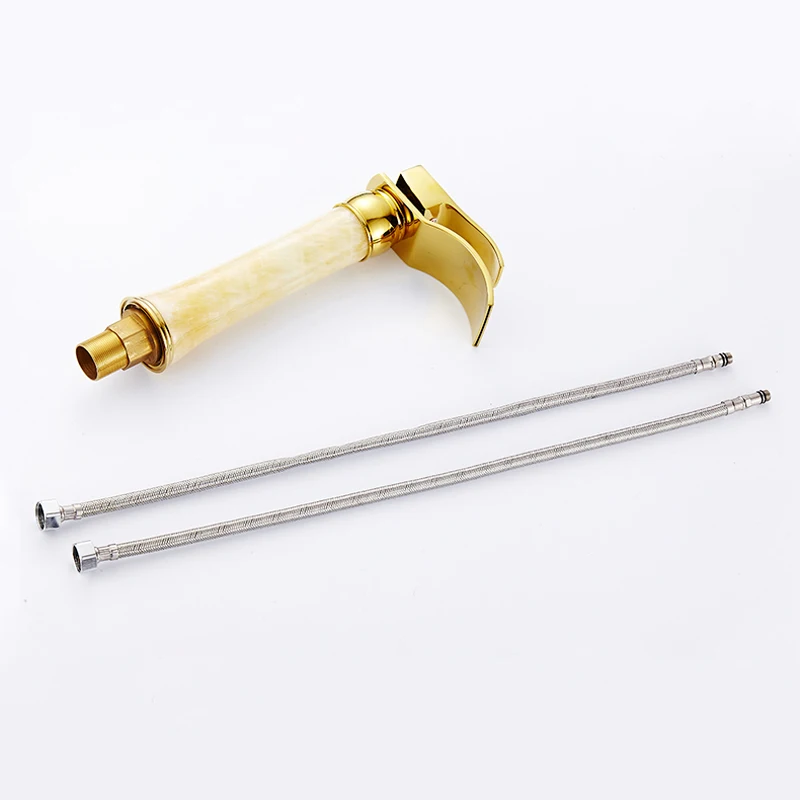 Luxury Brass Deck Mount Bathroom Golden Marble Faucets Mixers Gold Waterfall Washbasin Cold Hot Water Tap M1037
