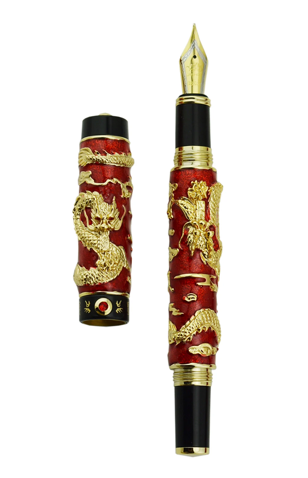 Jinhao Red Cloisonne Double Dragon Fountain Pen Iridium Medium Nib Advanced Craft Writing Gift Pen for Business, Graduate