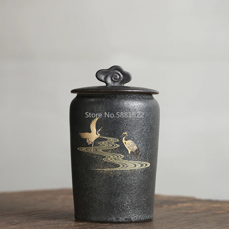 Black Crockery Ceramic Tea Caddies Crane Tea Canisters Chinese Kung Fu Tea Accessories