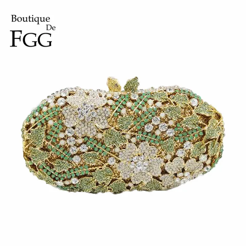 Boutique De FGG Green Flower Women Evening Bags Formal Dinner Crystal Clutch Wedding Purses and Handbags