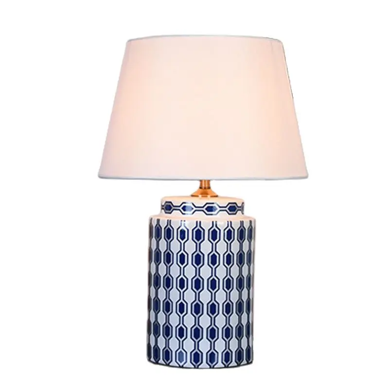 Blue White Plaid Cylinder Ceramic Table Lamp Bed Room Living Room Foyer Study Desk Reading Night Light TD077