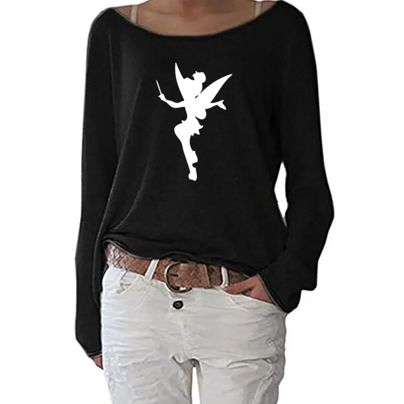 New Women Tinkerbell Fairy Silhouette Cartoon Women Long Sleeve Funny Autumn Tshirt Streetwear Women Casual Clothes