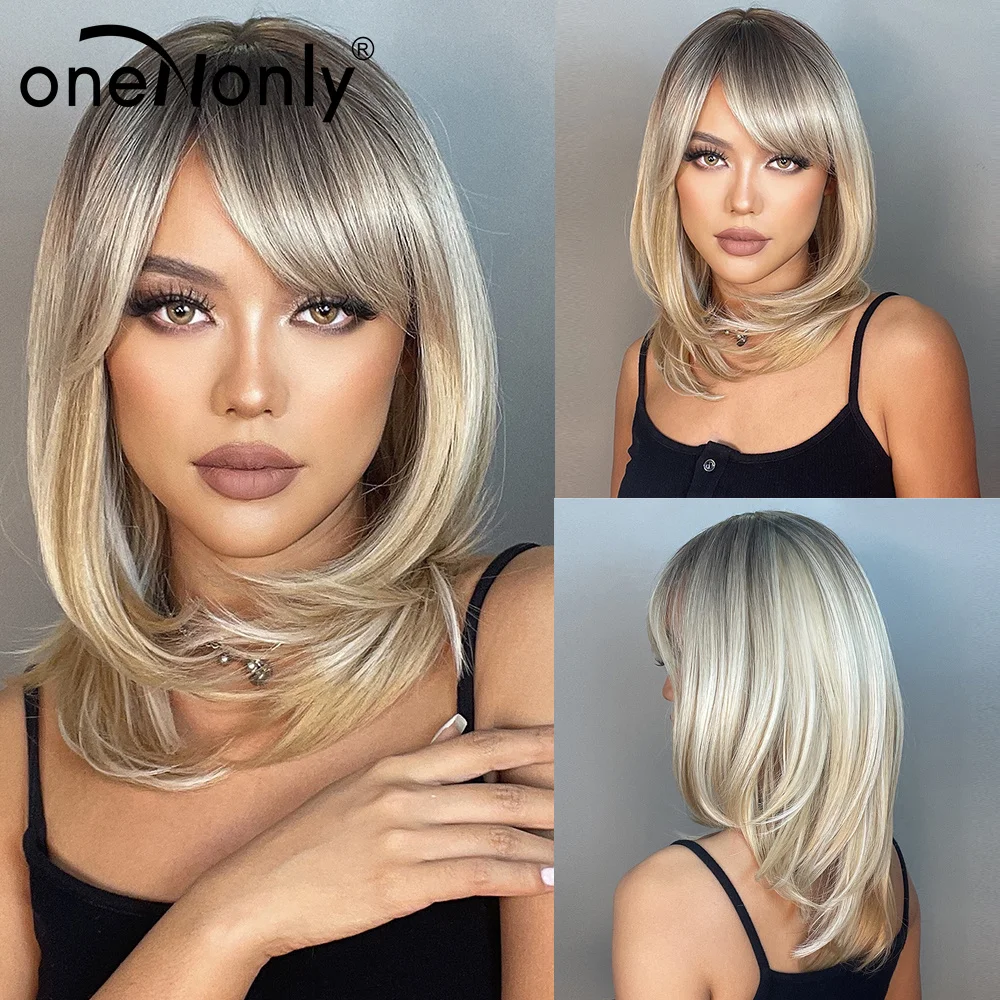 

oneNonly Synthetic Wigs Long Straight Ombre Brown Blonde Wig with Bangs for Black Women Daily Natural Hair Heat Resistant